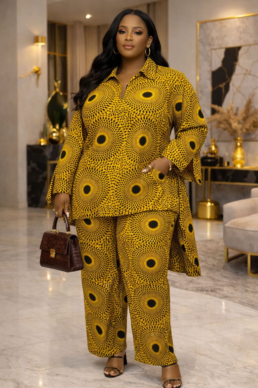 Bold Plus-size Two-Piece wide-leg pants set with an elegant Afro-luxe style.