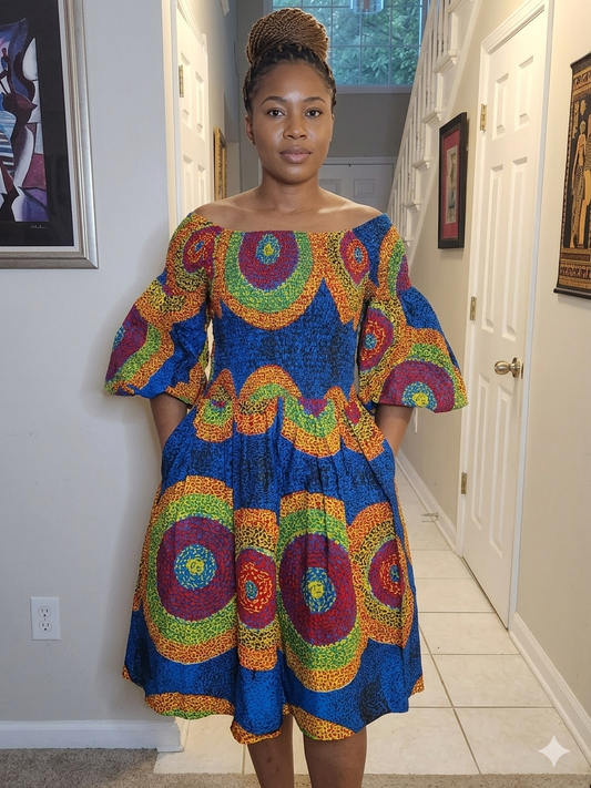 Ankara African Print Echoes Off-the-Shoulder Dress.