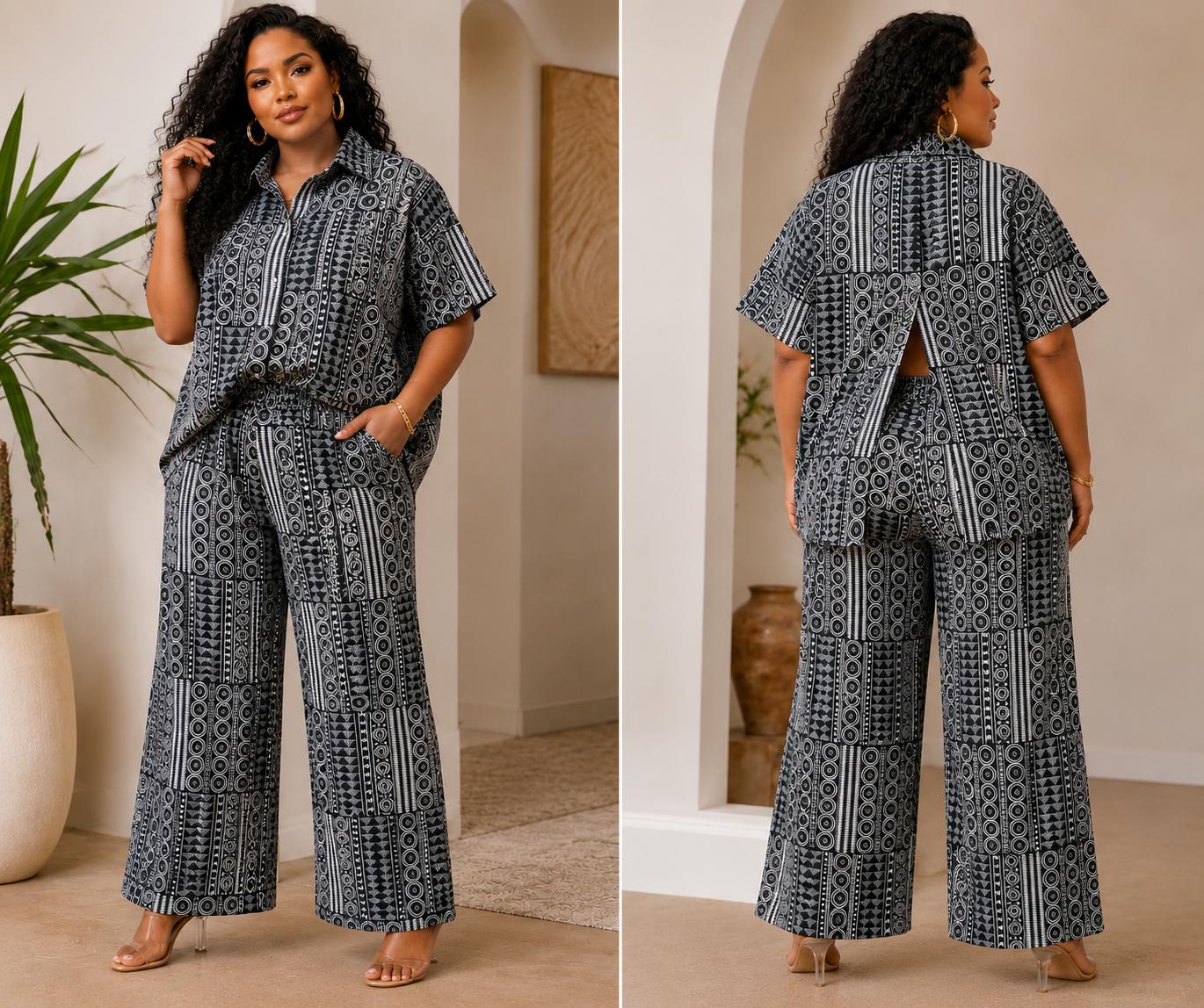 Two-Piece Cotton Set – Wide-Leg Pants & Button-Down Shirt