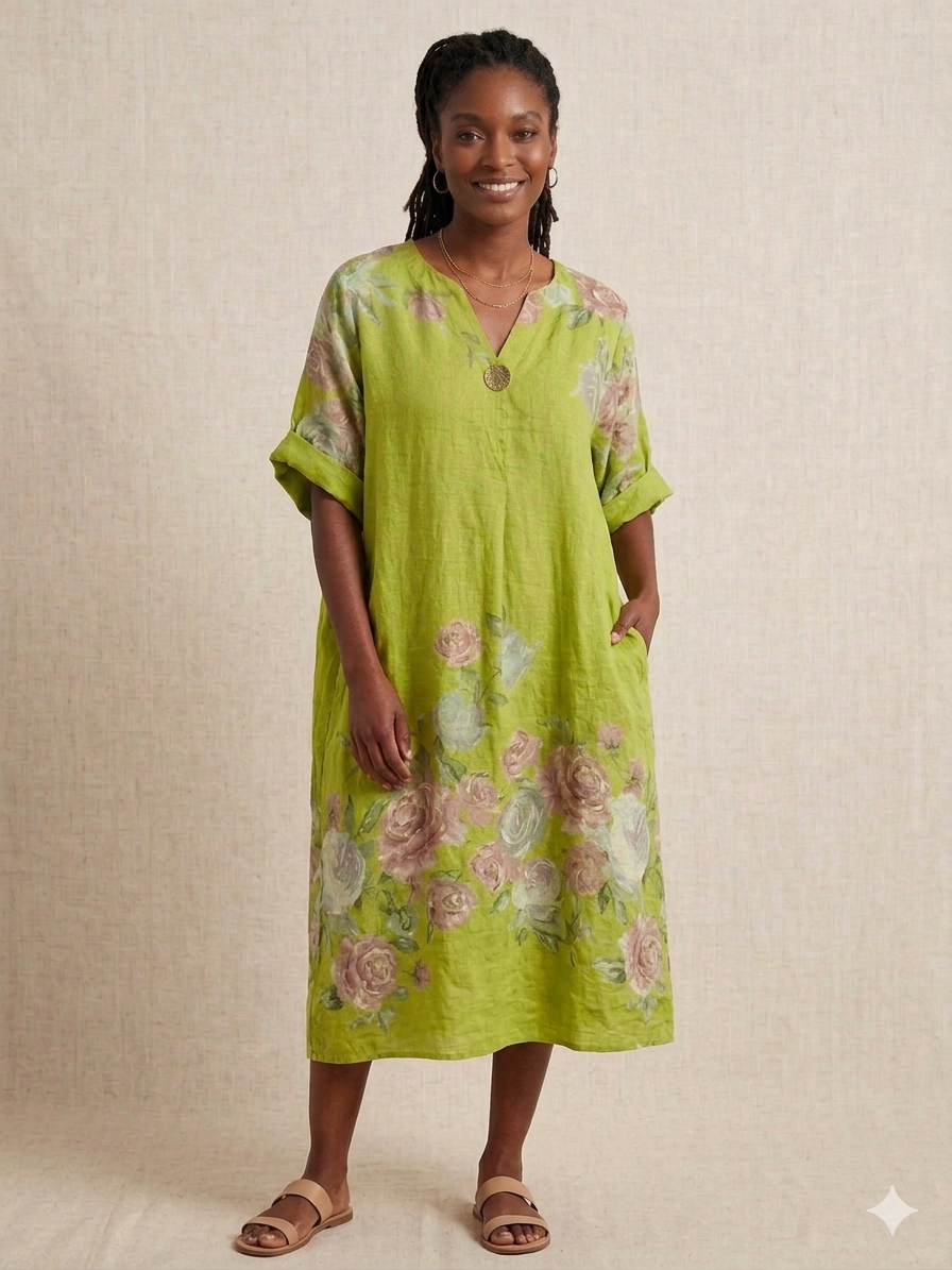 Italian Linen Floral Midi Dress
