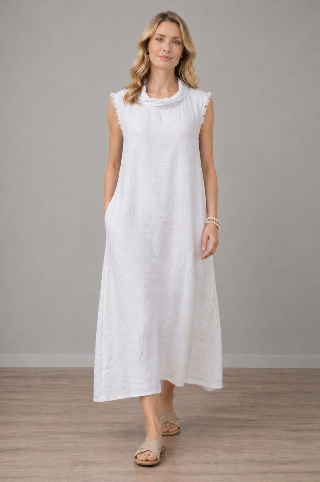 Italian Solid Linen Women Sleeveless Dress