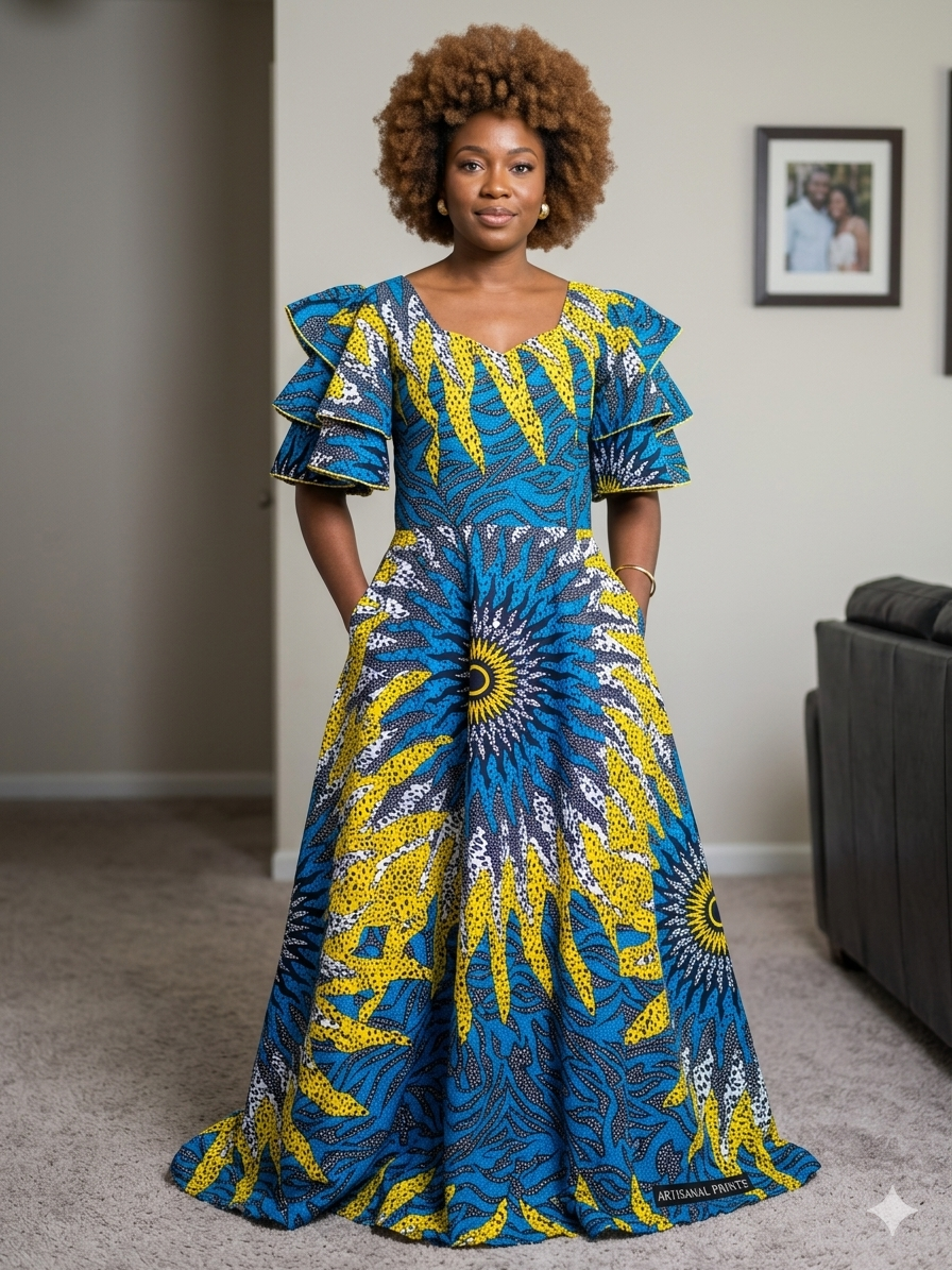 Ankara African Print Sunflower Maxi Dress/Fitted Dress with a back zipper.