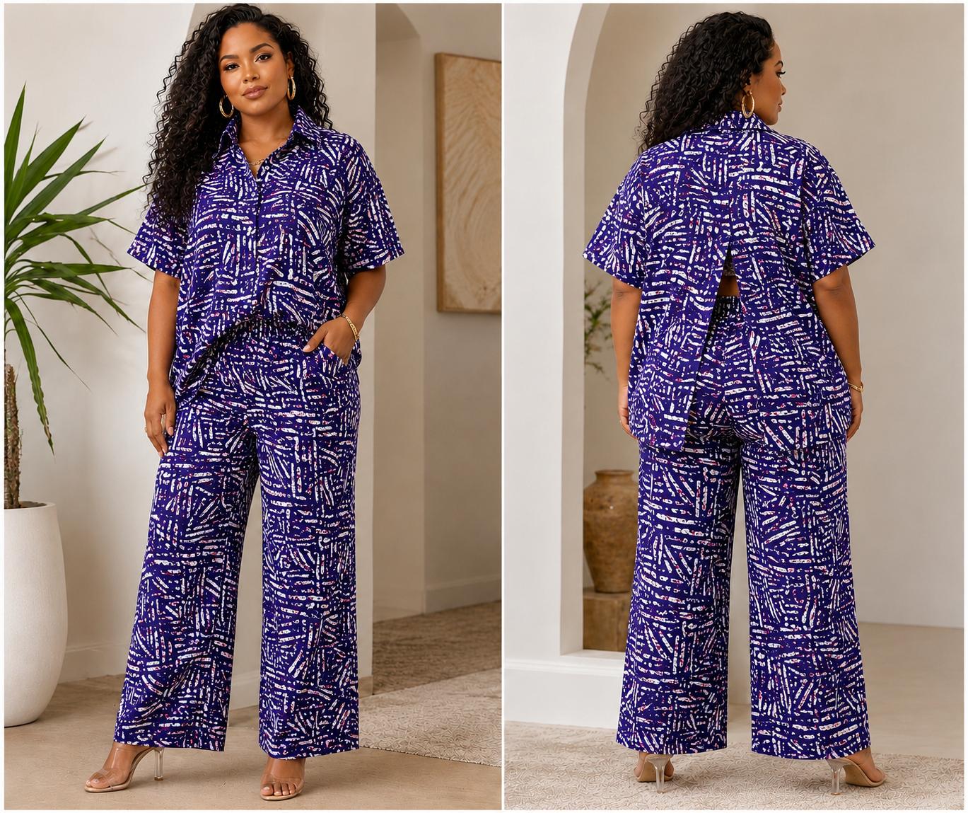 Two-Piece Cotton Set – Wide-Leg Pants & Button-Down Shirt