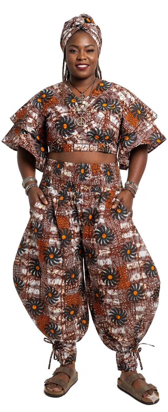 Ankara Crop Top Pantset with Headwrap/African Boho Pants and Medium Wrap Top. Sold whole or seperate.