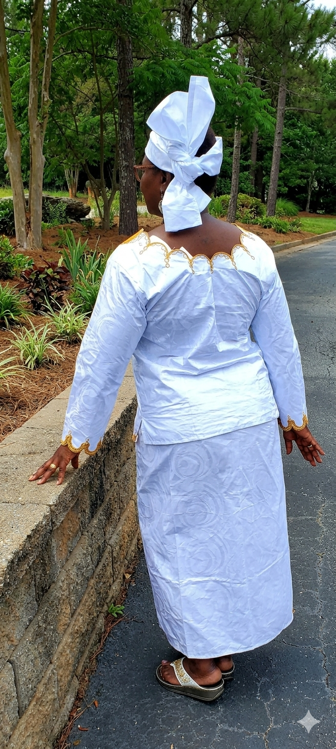 African Traditional Women Skirt Set/White and Gold 3 pc Wrap Skirt set with a Head Wrap/Fits L/XL.