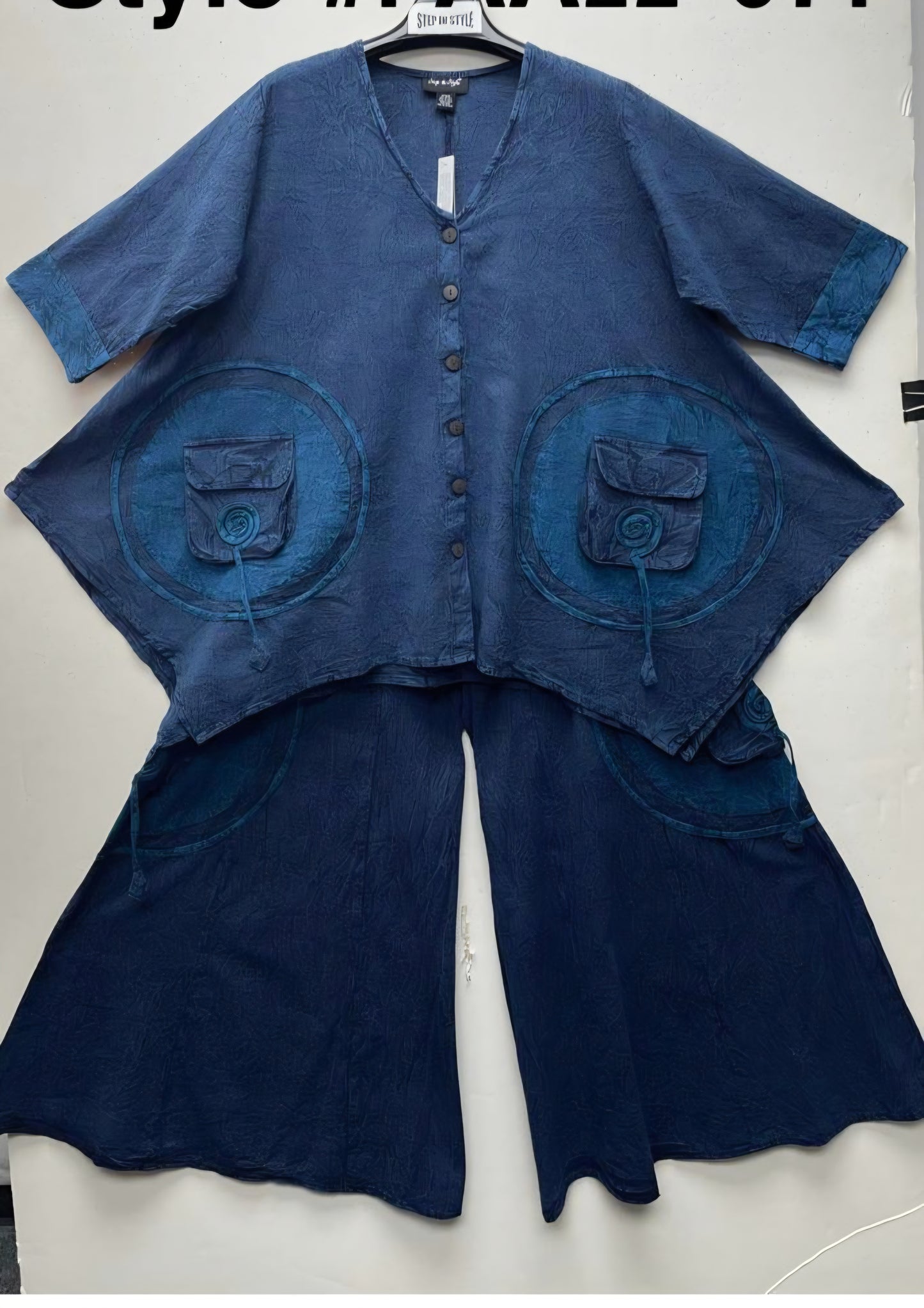 Artsy Lagenlook Two-Piece Pant Set – Textured Cotton Gauze, Mineral Wash, & Artisanal Patchwork Accent