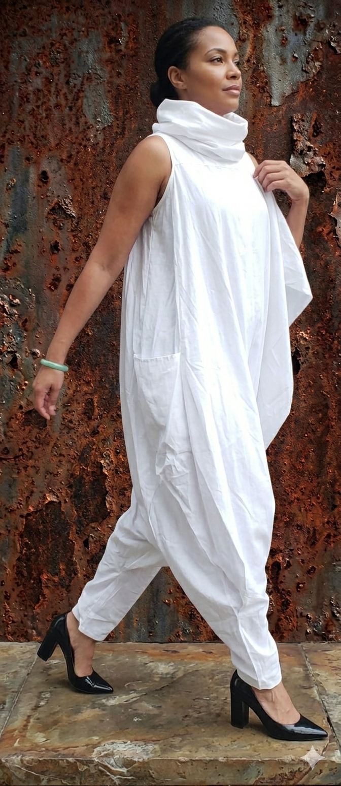 Minala Women Solid Turtle Neck Harem Jumpsuit/Romper with a zipped bottom and detachable hoody, one size.